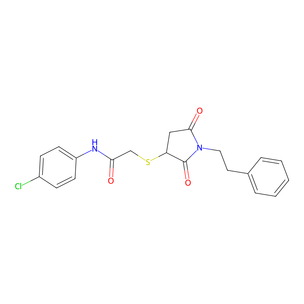 N-(4-Chloro-phenyl)-2-(2,5-dioxo-1-phenethyl-pyrrolidin-3-ylsulfanyl)-acetamide molecular structure, CAS 313705-23-6