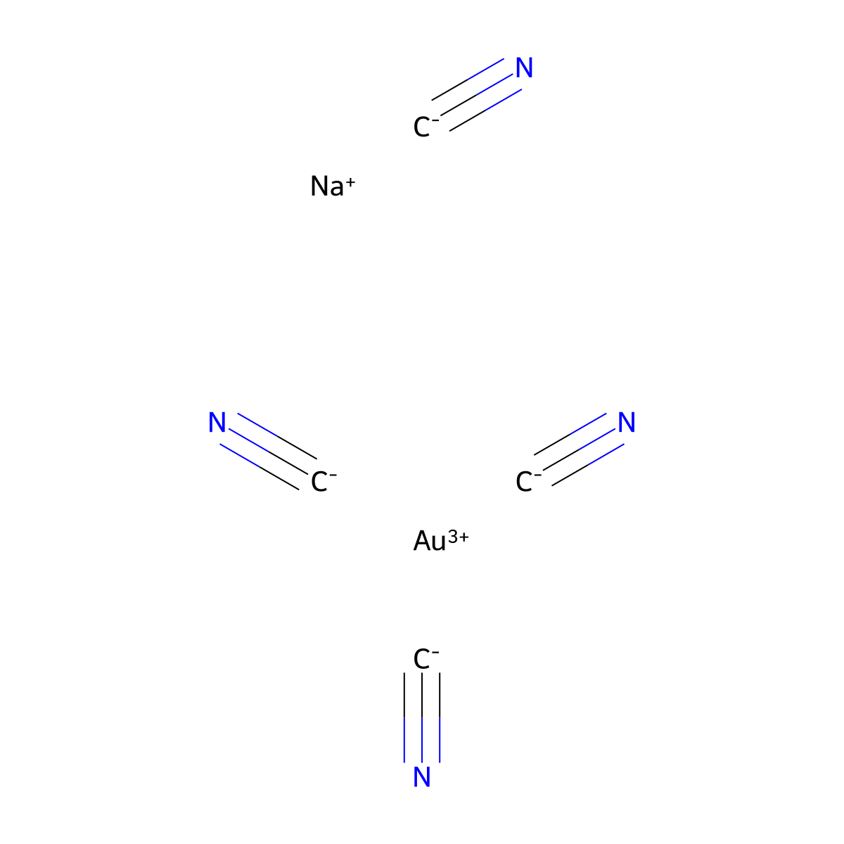 Aurate(1-), tetrakis(cyano-kappaC)-, sodium (1:1), (SP-4-1)- molecular structure, CAS 31395-95-6
