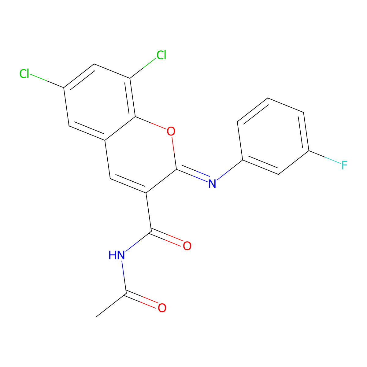 (2Z)-N-acetyl-6,8-dichloro-2-[(3-fluorophenyl)imino]-2H-chromene-3-carboxamide molecular structure, CAS 313954-17-5