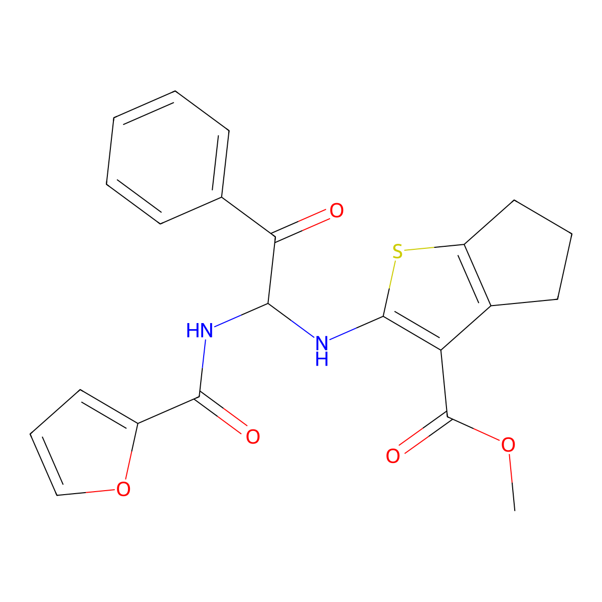 Methyl 2-{[1-(2-furoylamino)-2-oxo-2-phenylethyl]amino}-5,6-dihydro-4H-cyclopenta[B]thiophene-3-carboxylate molecular structure, CAS 313960-55-3