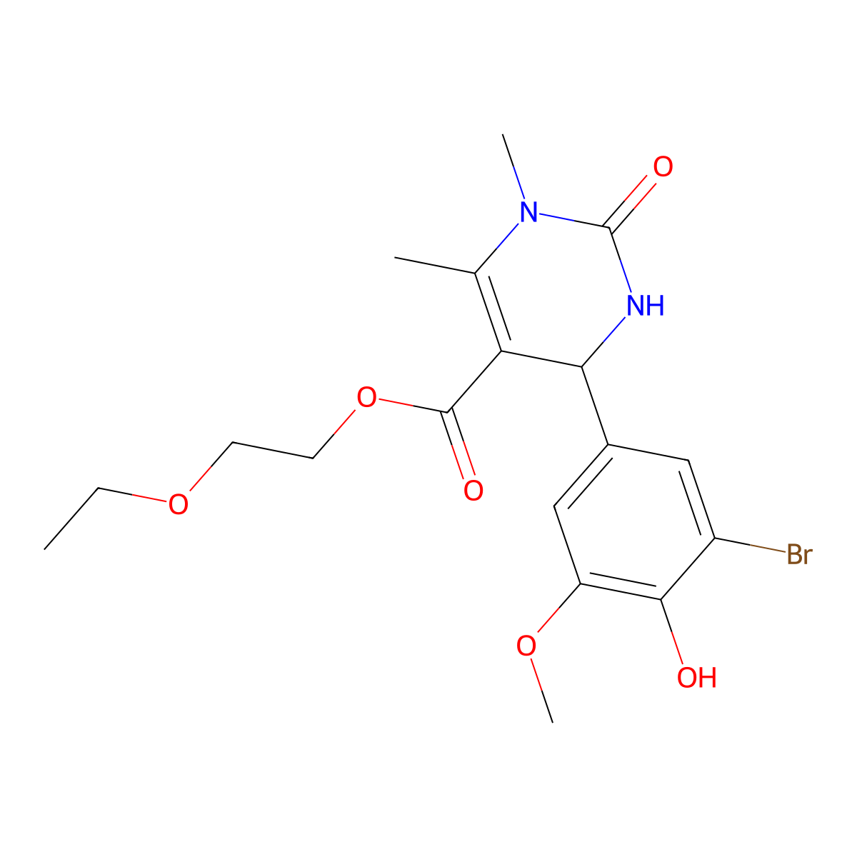 2-Ethoxyethyl 4-(3-bromo-4-hydroxy-5-methoxyphenyl)-1,6-dimethyl-2-oxo-1,2,3,4-tetrahydropyrimidine-5-carboxylate molecular structure, CAS 313967-87-2