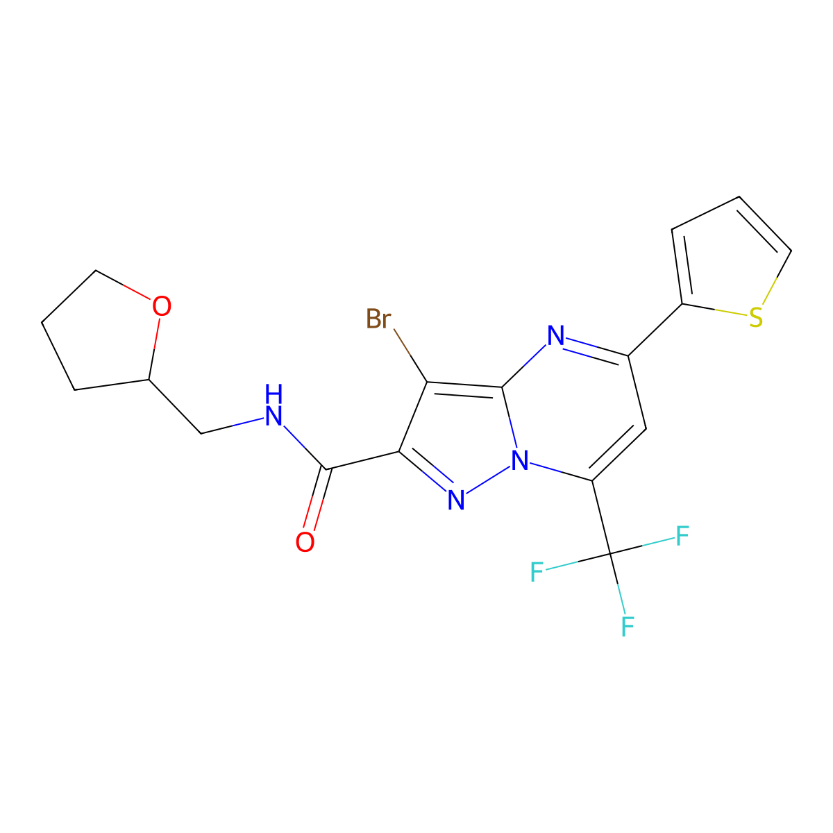 3-bromo-N-(oxolan-2-ylmethyl)-5-thiophen-2-yl-7-(trifluoromethyl)pyrazolo[1,5-a]pyrimidine-2-carboxamide molecular structure, CAS 313968-59-1