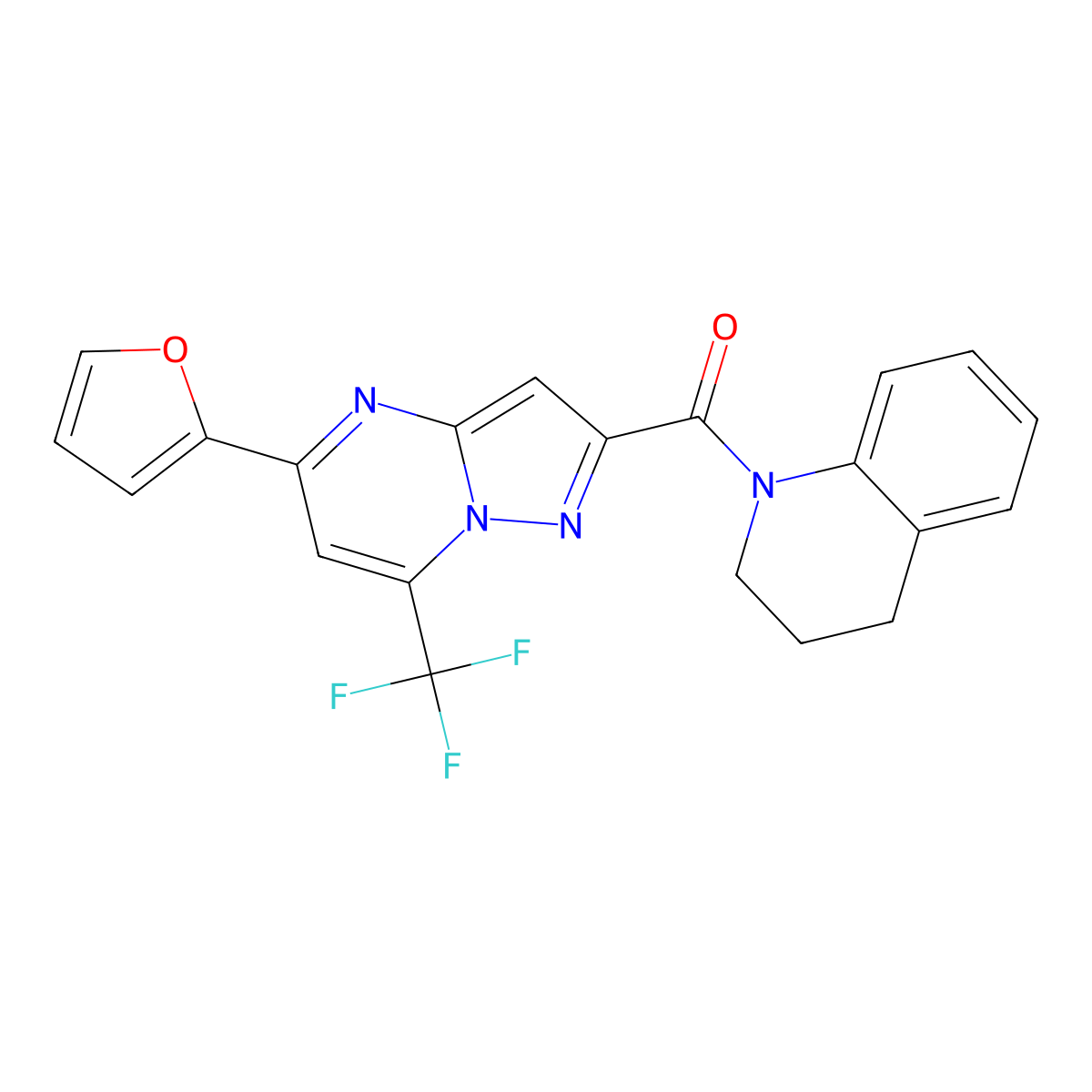 (3,4-Dihydro-2H-quinolin-1-yl)-(5-furan-2-yl-7-trifluoromethyl-pyrazolo[1,5-a]pyrimidin-2-yl)-methanone molecular structure, CAS 313968-73-9