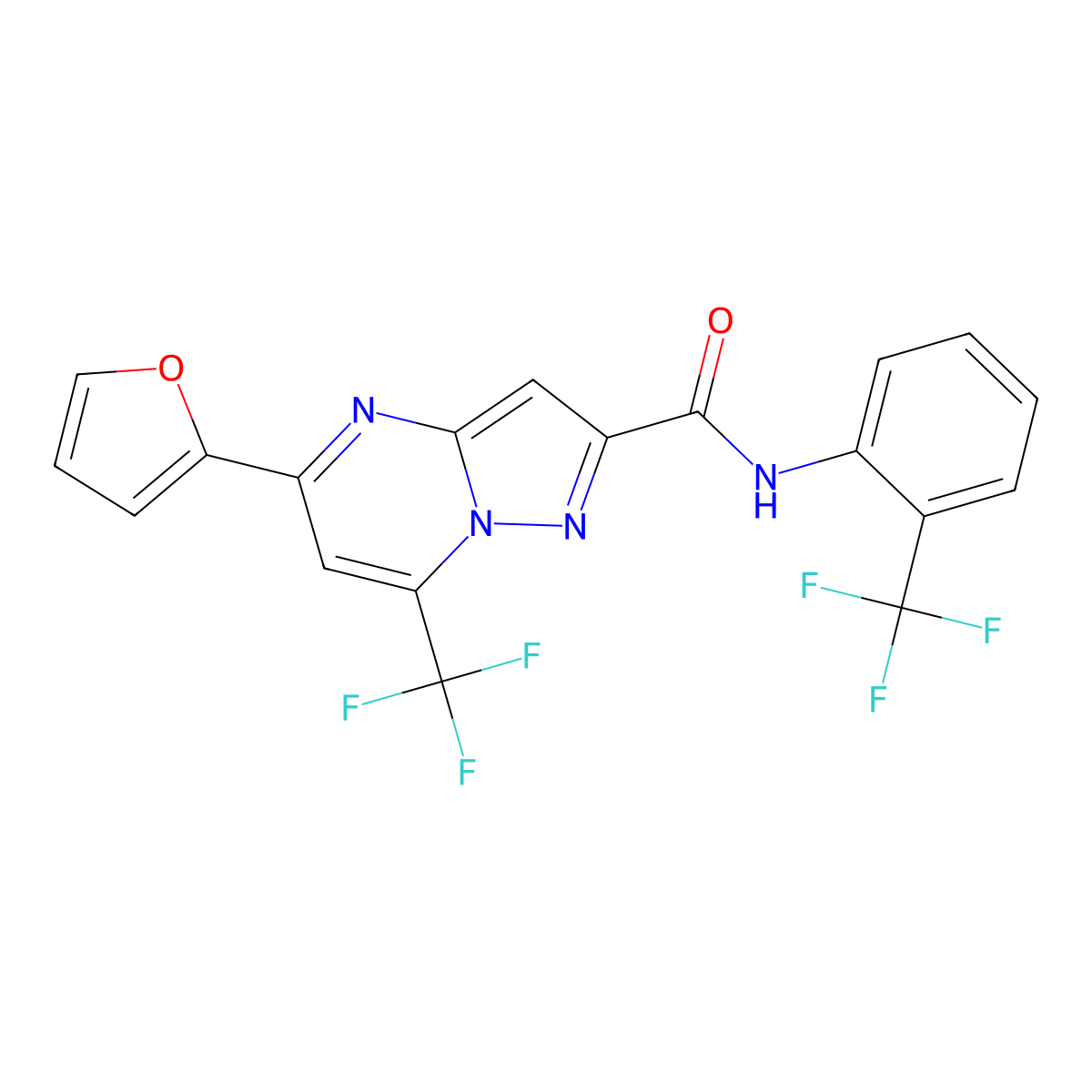 5-(furan-2-yl)-7-(trifluoromethyl)-N-[2-(trifluoromethyl)phenyl]pyrazolo[1,5-a]pyrimidine-2-carboxamide molecular structure, CAS 313968-76-2