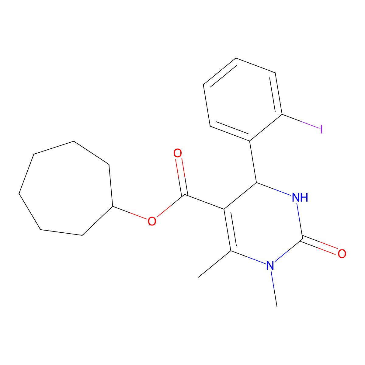 Cycloheptyl 4-(2-iodophenyl)-1,6-dimethyl-2-oxo-1,2,3,4-tetrahydropyrimidine-5-carboxylate molecular structure, CAS 313969-41-4