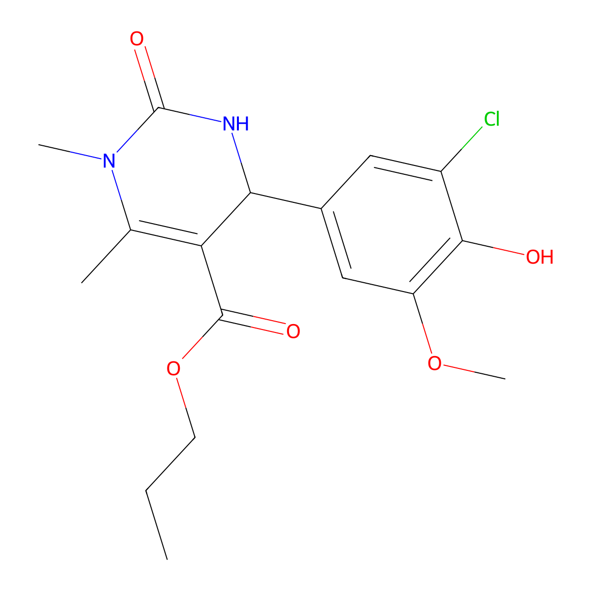 Propyl 4-(3-chloro-4-hydroxy-5-methoxyphenyl)-1,6-dimethyl-2-oxo-1,2,3,4-tetrahydropyrimidine-5-carboxylate molecular structure, CAS 313970-00-2