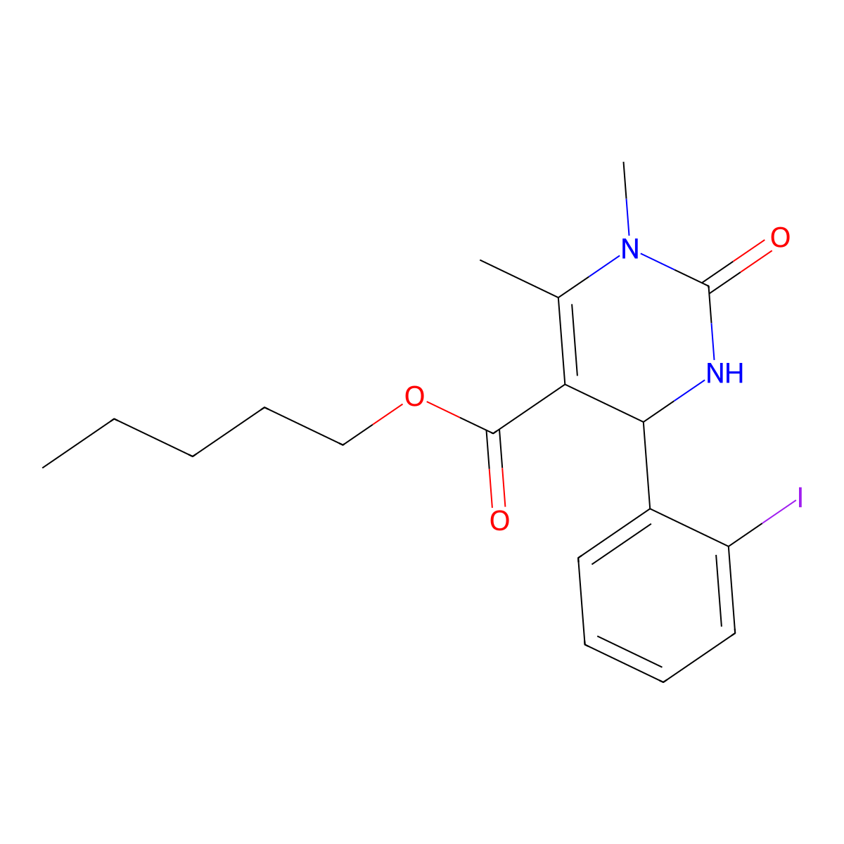 Pentyl 4-(2-iodophenyl)-1,6-dimethyl-2-oxo-1,2,3,4-tetrahydropyrimidine-5-carboxylate molecular structure, CAS 313970-12-6