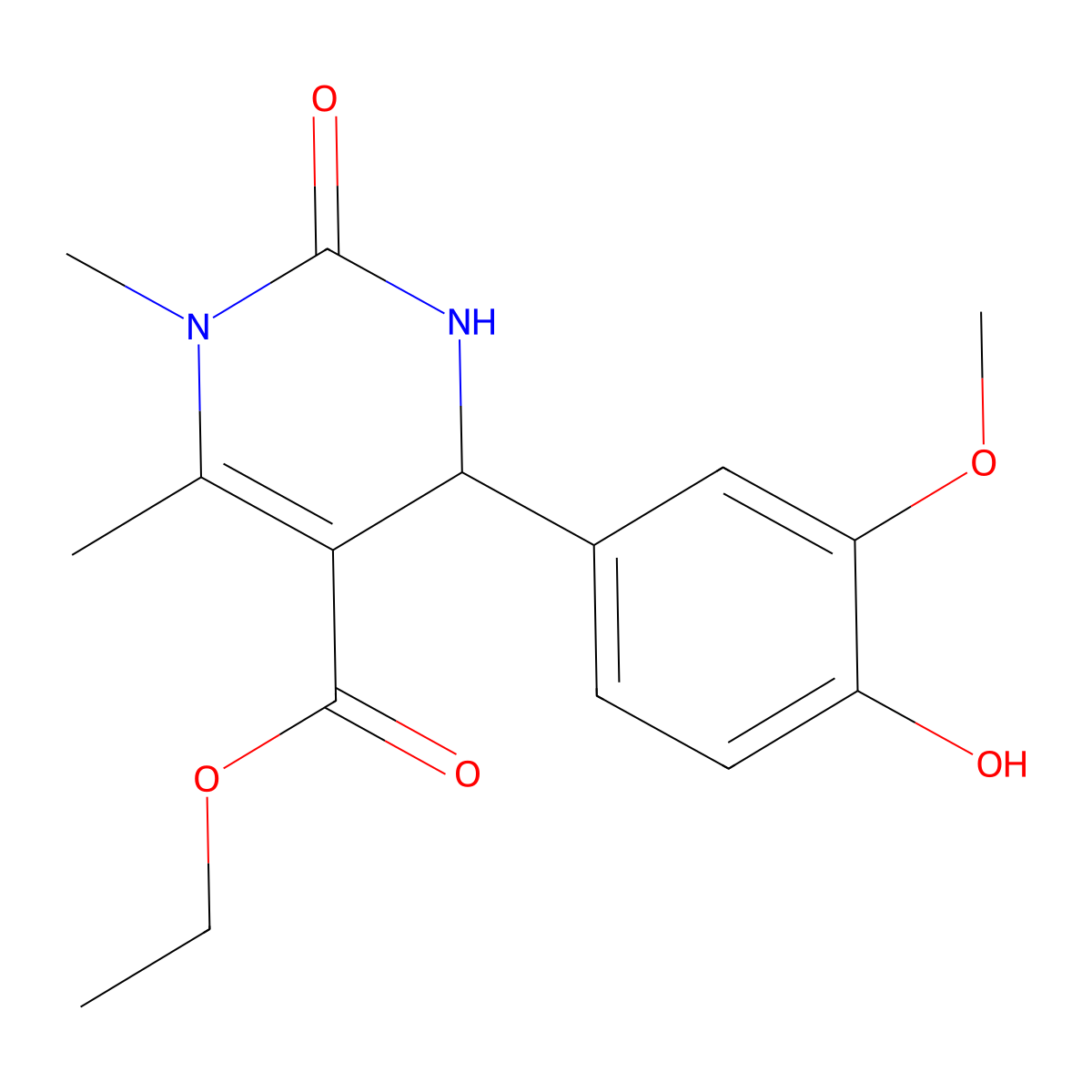 Ethyl 4-(4-hydroxy-3-methoxyphenyl)-1,6-dimethyl-2-oxo-1,2,3,4-tetrahydropyrimidine-5-carboxylate molecular structure, CAS 313970-36-4
