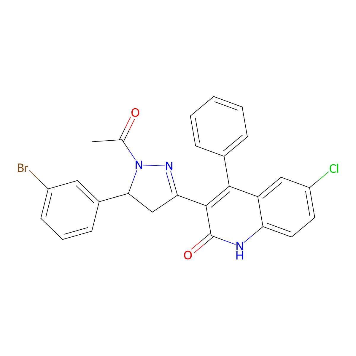 3-(1-acetyl-5-(3-bromophenyl)-4,5-dihydro-1H-pyrazol-3-yl)-6-chloro-4-phenylquinolin-2(1H)-one molecular structure, CAS 313975-70-1