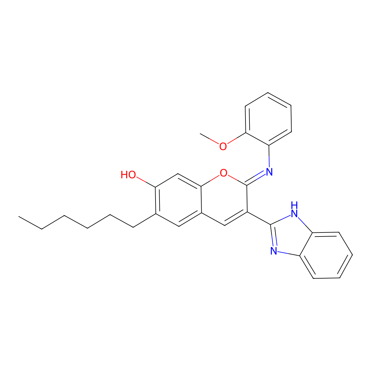 3-(1H-benzimidazol-2-yl)-6-hexyl-2-(2-methoxyanilino)chromen-7-one molecular structure, CAS 313976-80-6