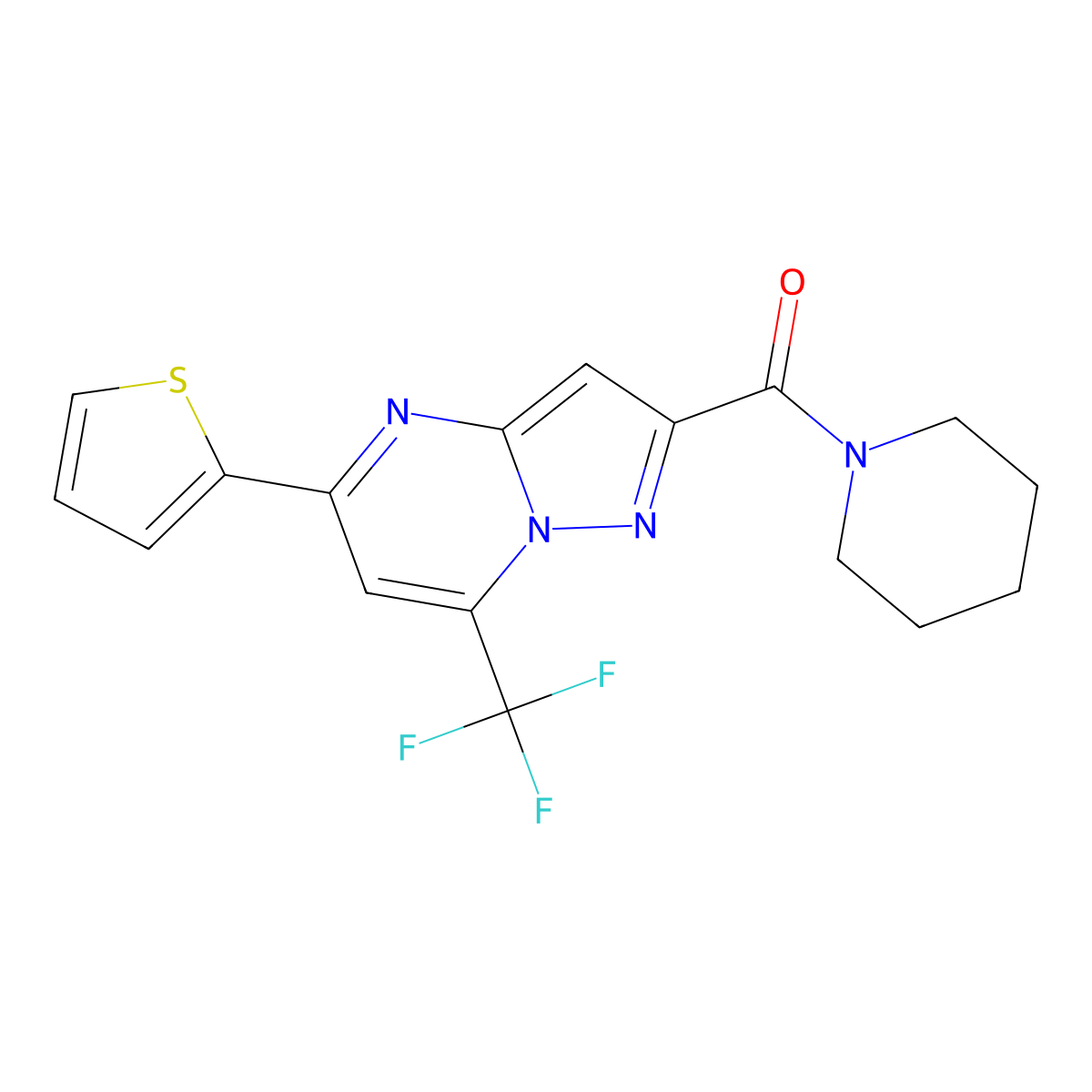 Piperidin-1-yl-[5-thiophen-2-yl-7-(trifluoromethyl)pyrazolo[1,5-a]pyrimidin-2-yl]methanone molecular structure, CAS 313986-31-1