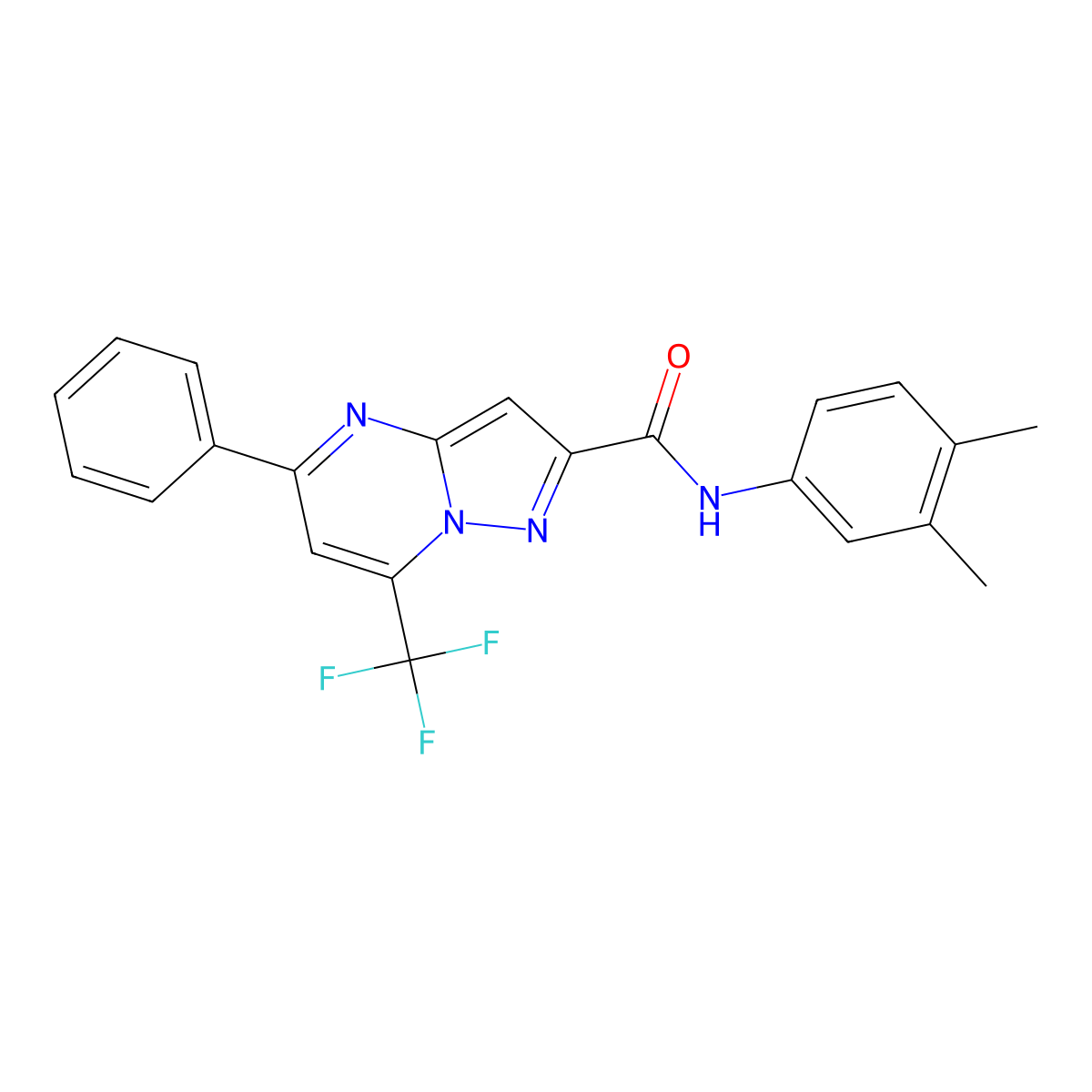 N-(3,4-dimethylphenyl)-5-phenyl-7-(trifluoromethyl)pyrazolo[1,5-a]pyrimidine-2-carboxamide molecular structure, CAS 313986-57-1
