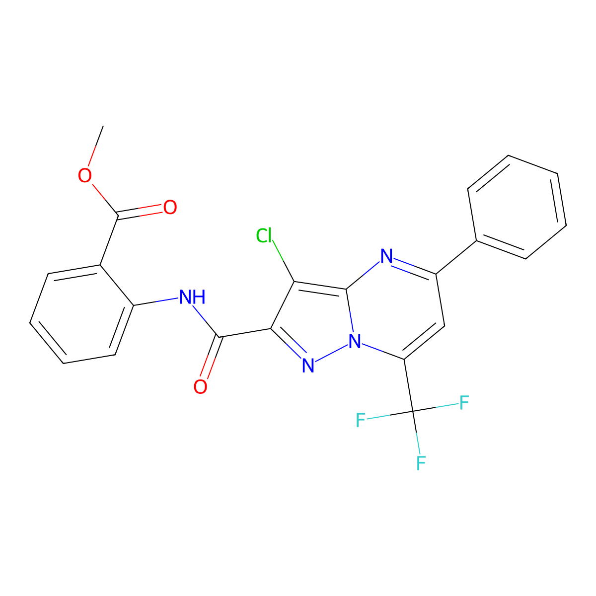 Methyl 2-[[3-chloro-5-phenyl-7-(trifluoromethyl)pyrazolo[1,5-a]pyrimidine-2-carbonyl]amino]benzoate molecular structure, CAS 313986-76-4