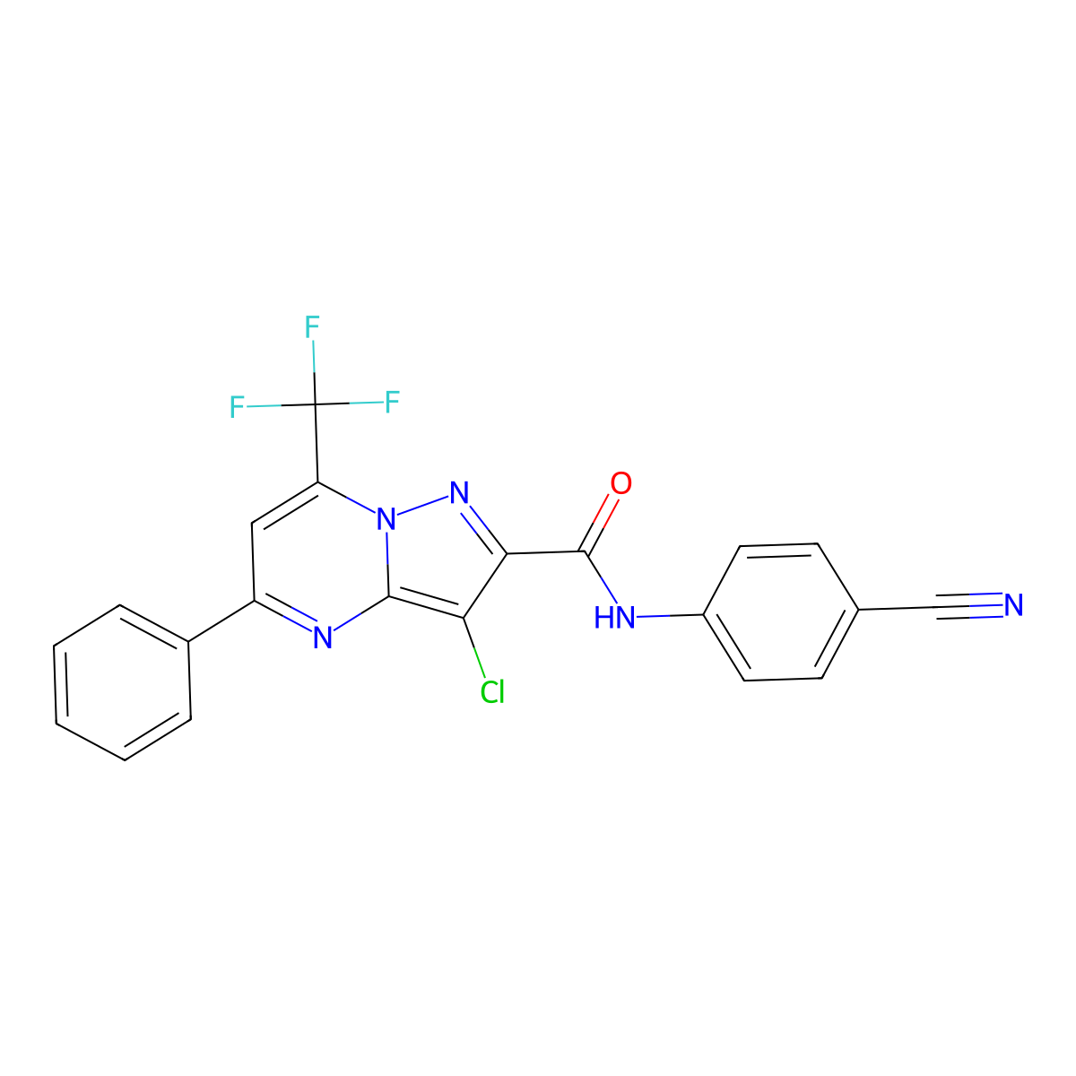 3-chloro-N-(4-cyanophenyl)-5-phenyl-7-(trifluoromethyl)pyrazolo[1,5-a]pyrimidine-2-carboxamide molecular structure, CAS 313986-77-5