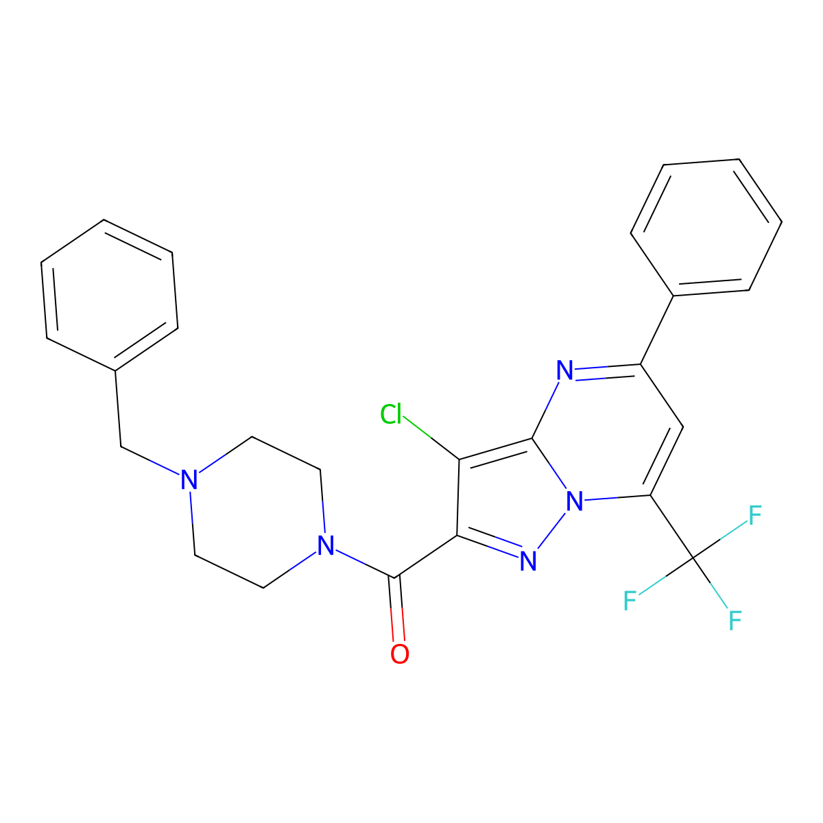 (4-Benzylpiperazin-1-yl)-[3-chloro-5-phenyl-7-(trifluoromethyl)pyrazolo[1,5-a]pyrimidin-2-yl]methanone molecular structure, CAS 313986-80-0