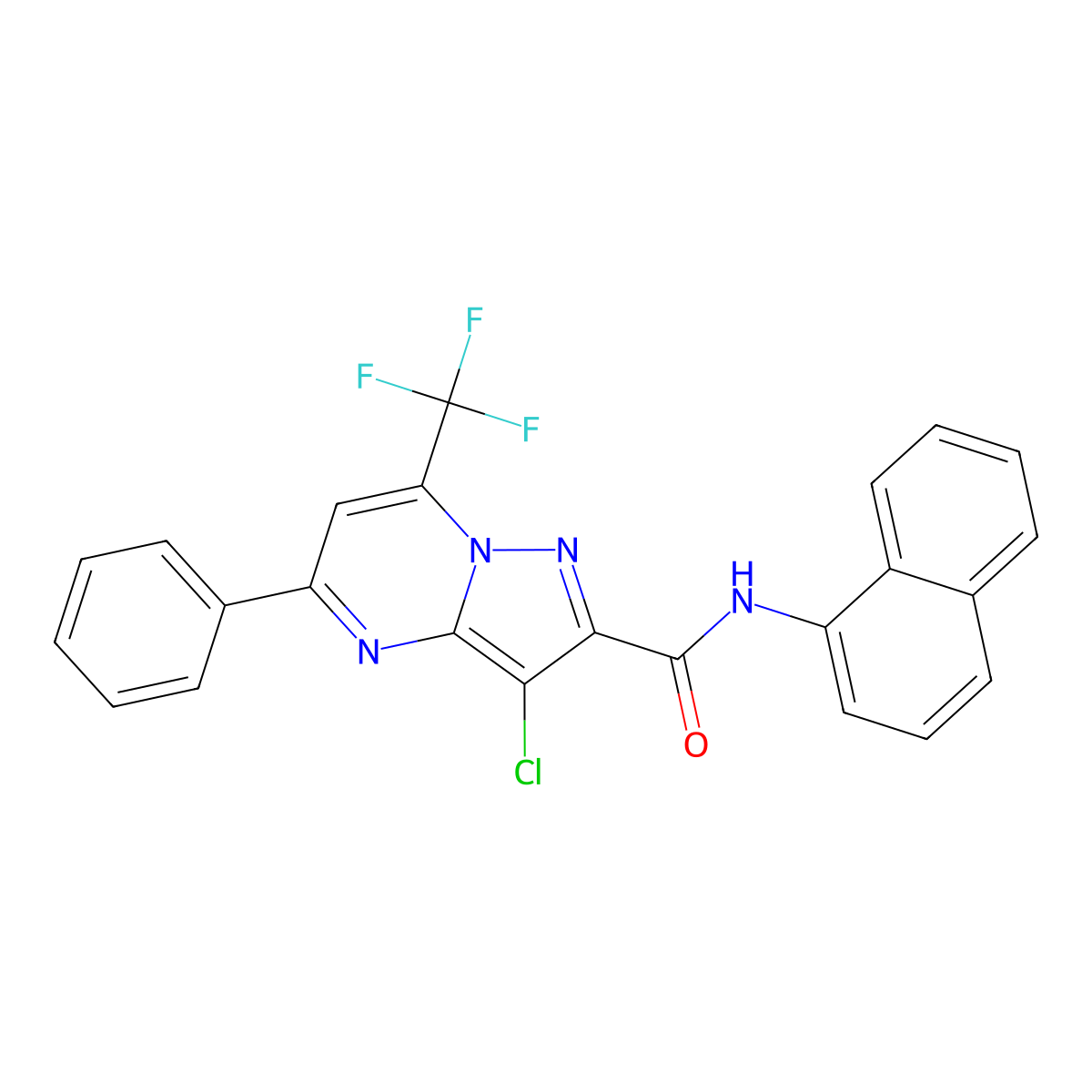 3-chloro-N-(naphthalen-1-yl)-5-phenyl-7-(trifluoromethyl)pyrazolo[1,5-a]pyrimidine-2-carboxamide molecular structure, CAS 313986-86-6
