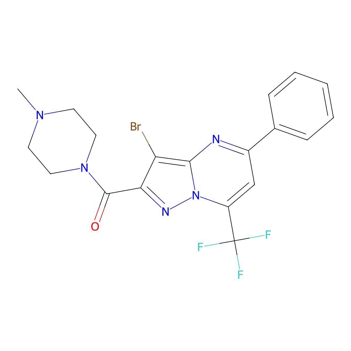 [3-Bromo-5-phenyl-7-(trifluoromethyl)pyrazolo[1,5-a]pyrimidin-2-yl]-(4-methylpiperazin-1-yl)methanone molecular structure, CAS 313986-88-8
