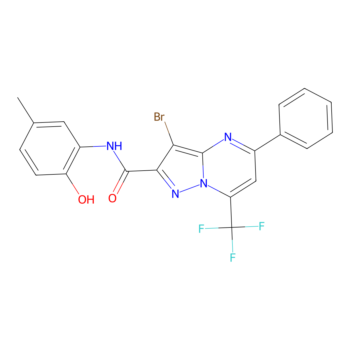 3-bromo-N-(2-hydroxy-5-methylphenyl)-5-phenyl-7-(trifluoromethyl)pyrazolo[1,5-a]pyrimidine-2-carboxamide molecular structure, CAS 313986-91-3