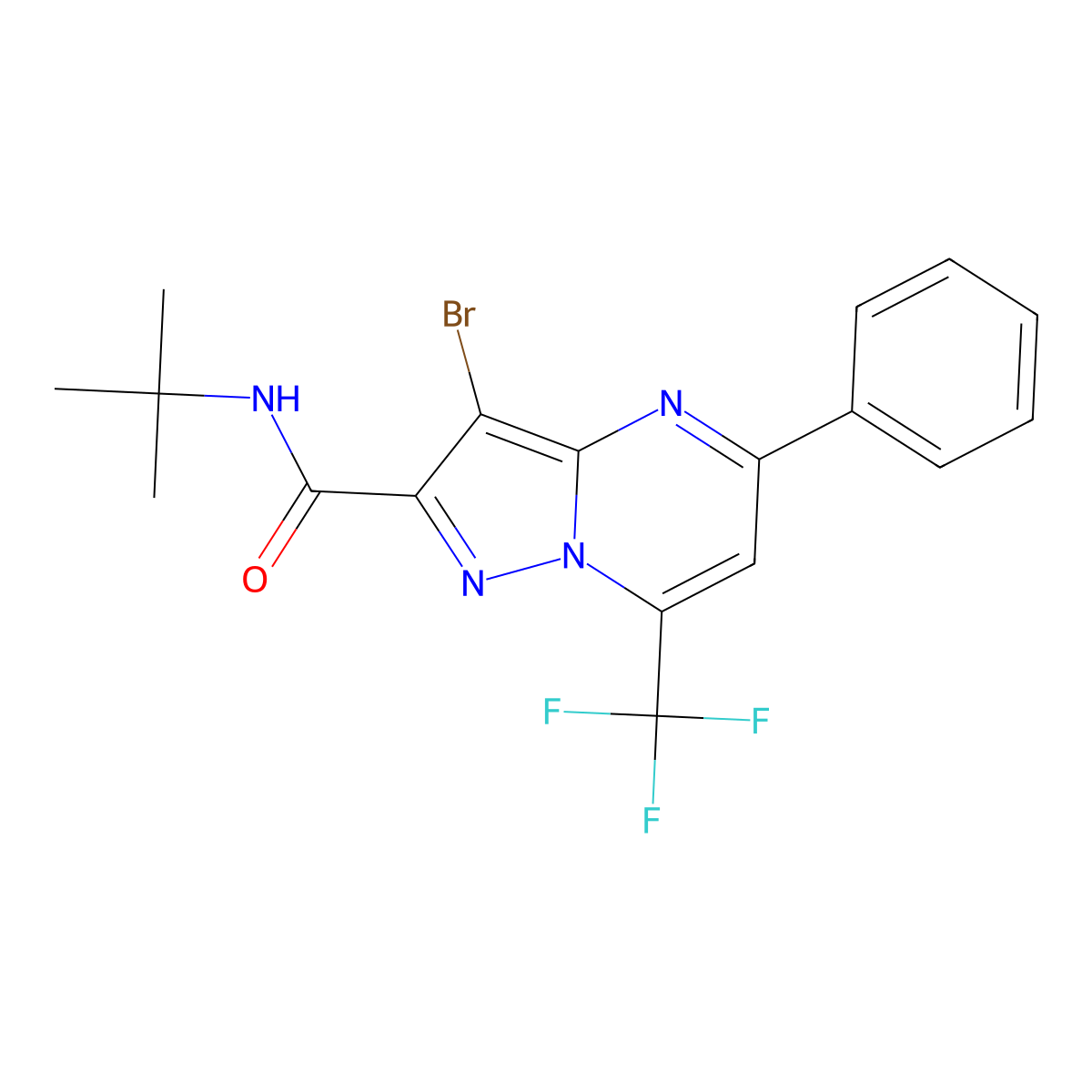 3-bromo-N-tert-butyl-5-phenyl-7-(trifluoromethyl)pyrazolo[1,5-a]pyrimidine-2-carboxamide molecular structure, CAS 313986-98-0