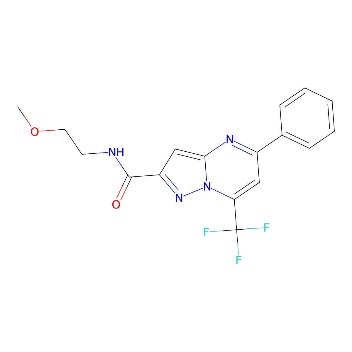 N-(2-methoxyethyl)-5-phenyl-7-(trifluoromethyl)pyrazolo[1,5-a]pyrimidine-2-carboxamide molecular structure, CAS 313987-30-3