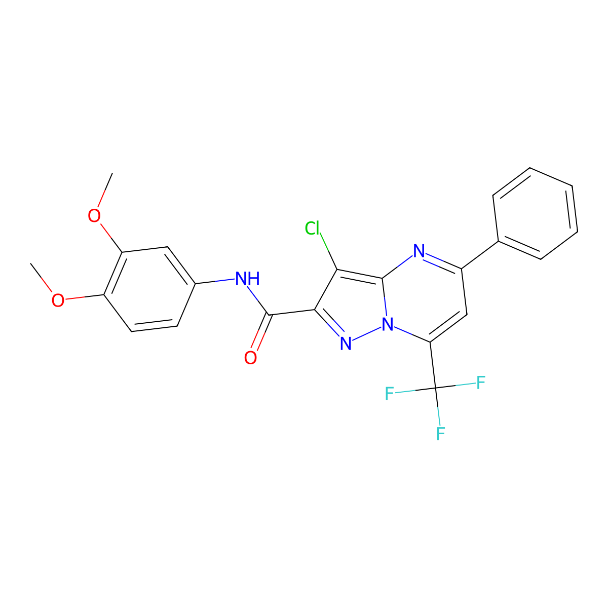 3-chloro-N-(3,4-dimethoxyphenyl)-5-phenyl-7-(trifluoromethyl)pyrazolo[1,5-a]pyrimidine-2-carboxamide molecular structure, CAS 313987-40-5