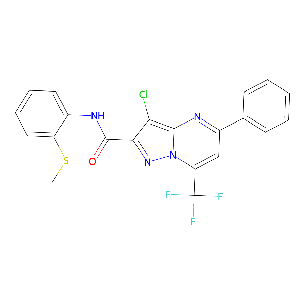 3-chloro-N-(2-methylsulfanylphenyl)-5-phenyl-7-(trifluoromethyl)pyrazolo[1,5-a]pyrimidine-2-carboxamide molecular structure, CAS 313987-43-8