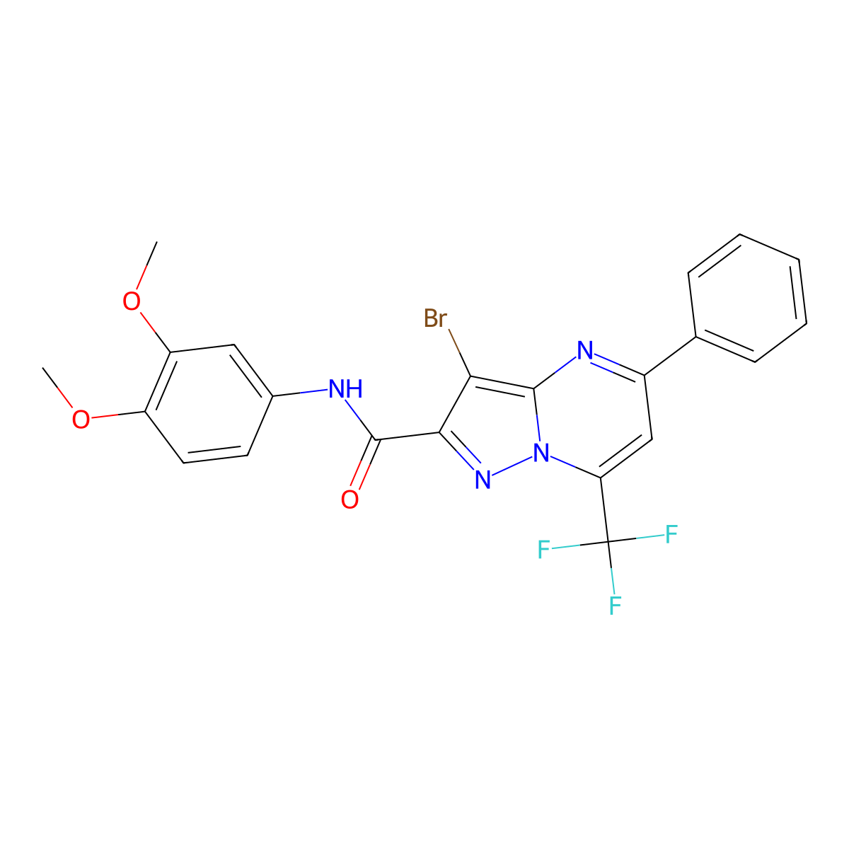 3-bromo-N-(3,4-dimethoxyphenyl)-5-phenyl-7-(trifluoromethyl)pyrazolo[1,5-a]pyrimidine-2-carboxamide molecular structure, CAS 313987-52-9