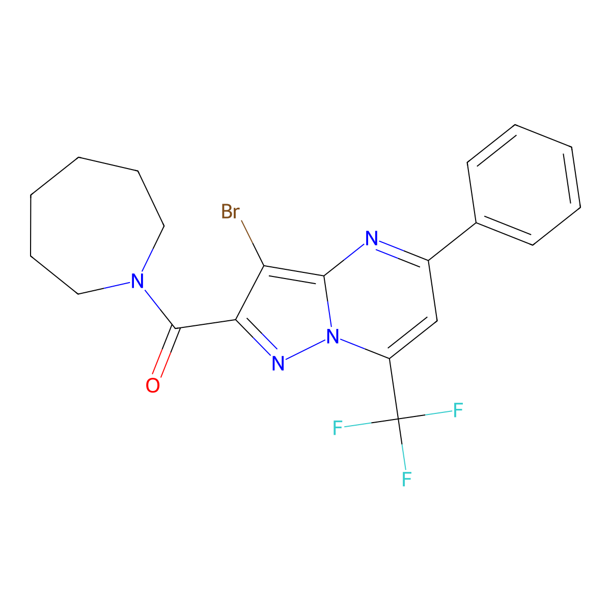 Azepan-1-yl-[3-bromo-5-phenyl-7-(trifluoromethyl)pyrazolo[1,5-a]pyrimidin-2-yl]methanone molecular structure, CAS 313987-53-0