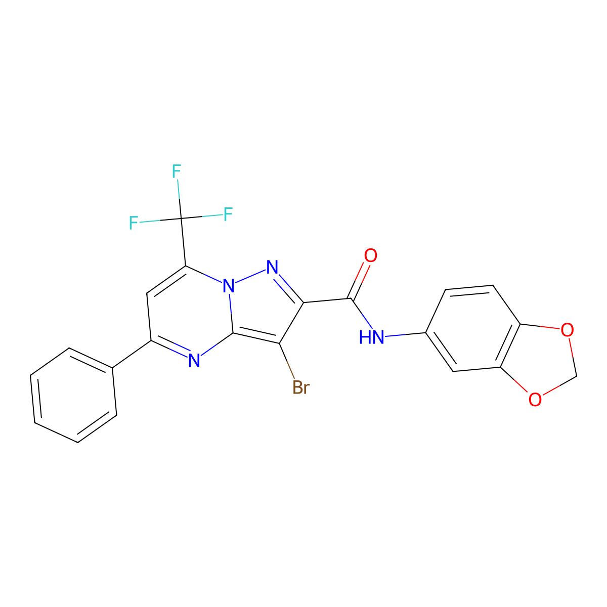 N-(1,3-benzodioxol-5-yl)-3-bromo-5-phenyl-7-(trifluoromethyl)pyrazolo[1,5-a]pyrimidine-2-carboxamide molecular structure, CAS 313987-55-2