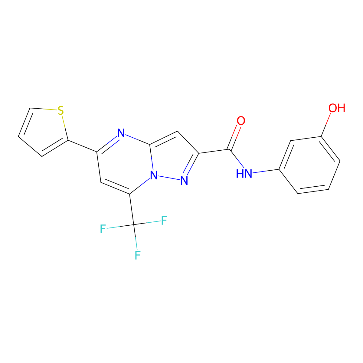 N-(3-hydroxyphenyl)-5-(thiophen-2-yl)-7-(trifluoromethyl)pyrazolo[1,5-a]pyrimidine-2-carboxamide molecular structure, CAS 313987-76-7