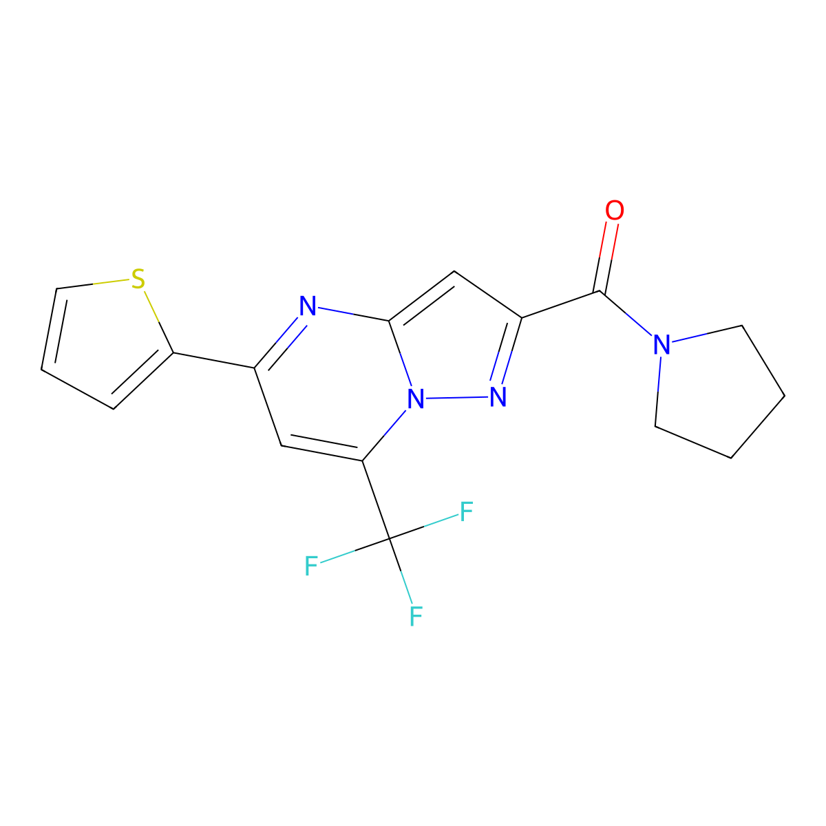 Pyrrolidin-1-yl-[5-thiophen-2-yl-7-(trifluoromethyl)pyrazolo[1,5-a]pyrimidin-2-yl]methanone molecular structure, CAS 313987-78-9