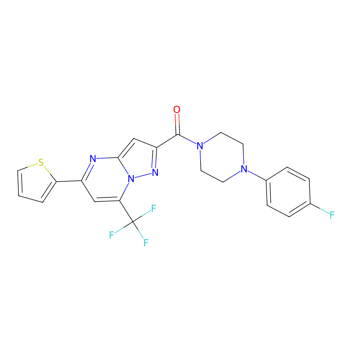 (4-(4-Fluorophenyl)piperazin-1-yl)(5-(thiophen-2-yl)-7-(trifluoromethyl)pyrazolo[1,5-a]pyrimidin-2-yl)methanone molecular structure, CAS 313987-80-3