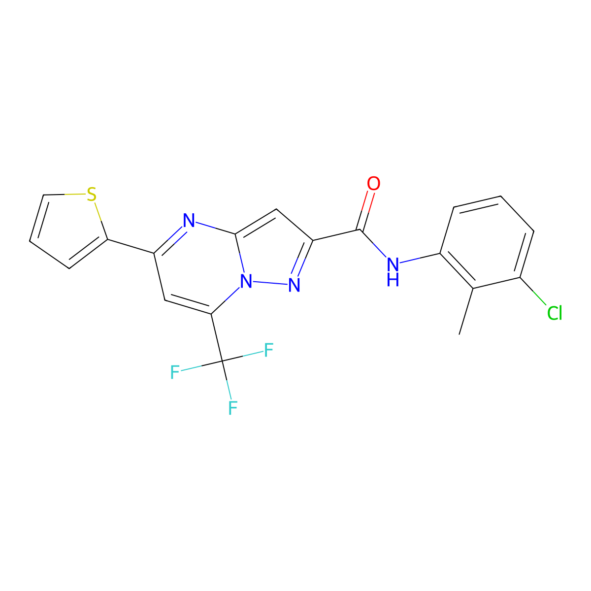 N-(3-chloro-2-methylphenyl)-5-(thiophen-2-yl)-7-(trifluoromethyl)pyrazolo[1,5-a]pyrimidine-2-carboxamide molecular structure, CAS 313987-83-6