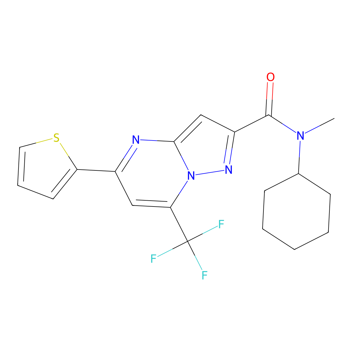 N-cyclohexyl-N-methyl-5-(thiophen-2-yl)-7-(trifluoromethyl)pyrazolo[1,5-a]pyrimidine-2-carboxamide molecular structure, CAS 313987-87-0