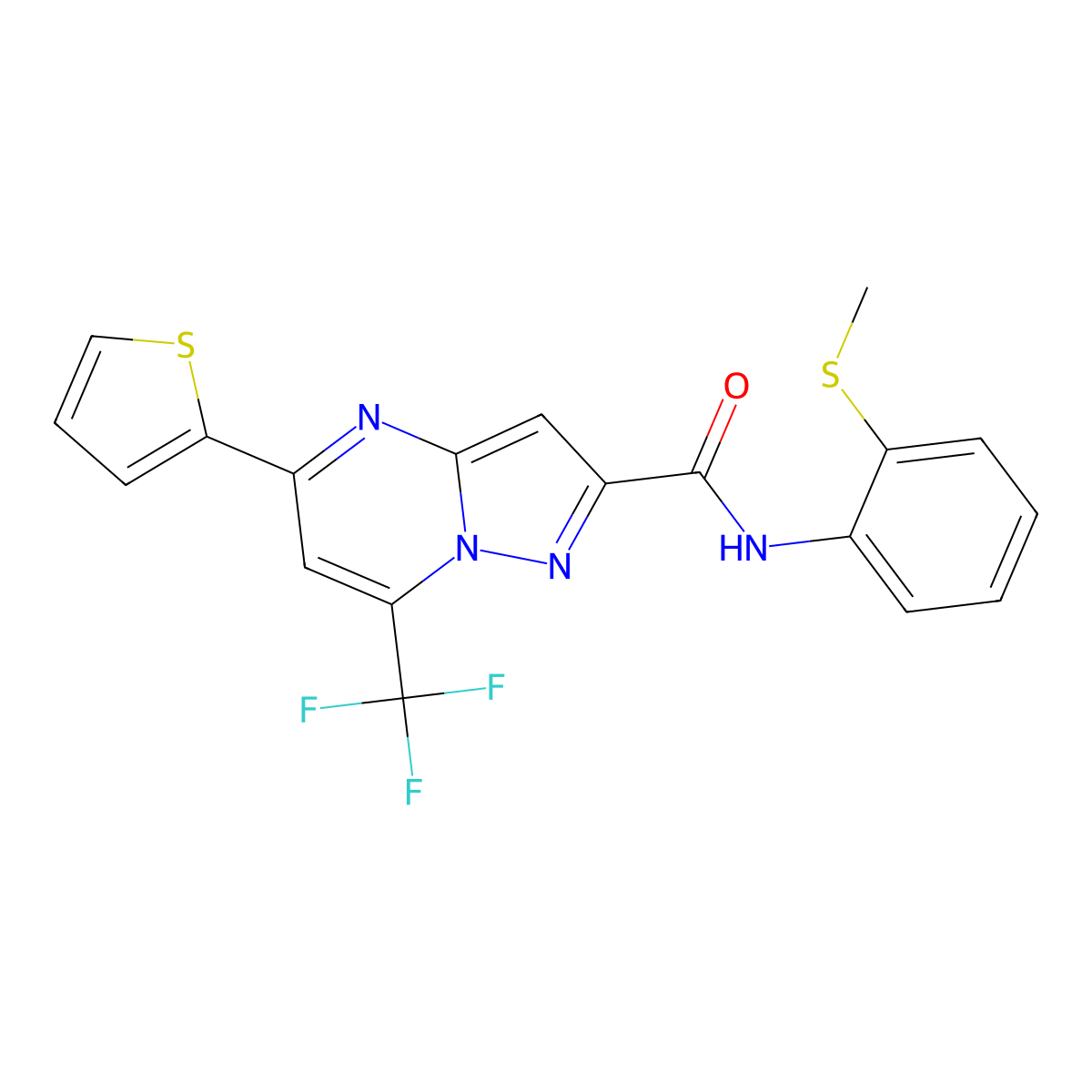 N-(2-methylsulfanylphenyl)-5-thiophen-2-yl-7-(trifluoromethyl)pyrazolo[1,5-a]pyrimidine-2-carboxamide molecular structure, CAS 313987-89-2
