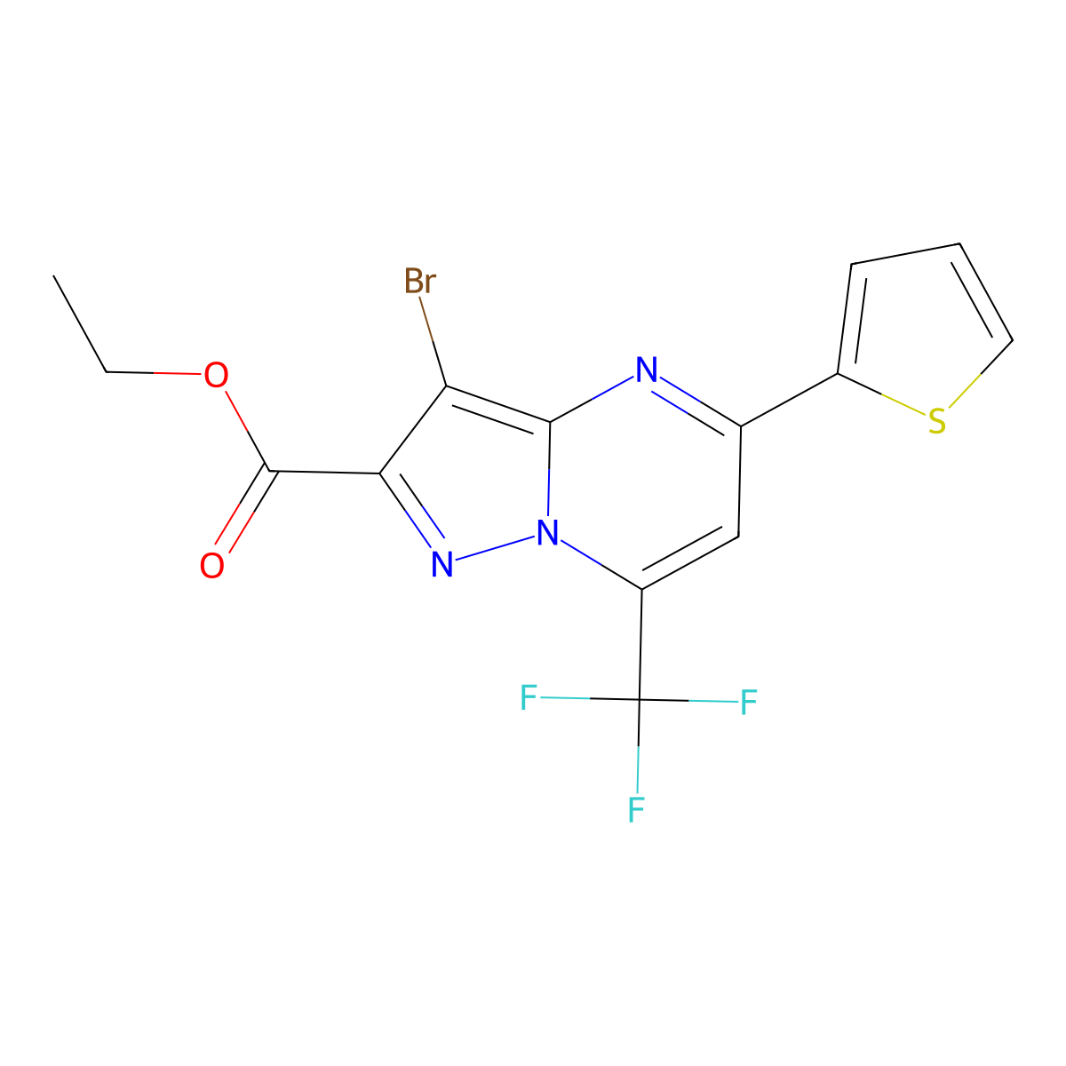 Ethyl 3-bromo-5-(thiophen-2-yl)-7-(trifluoromethyl)pyrazolo[1,5-a]pyrimidine-2-carboxylate molecular structure, CAS 313987-98-3