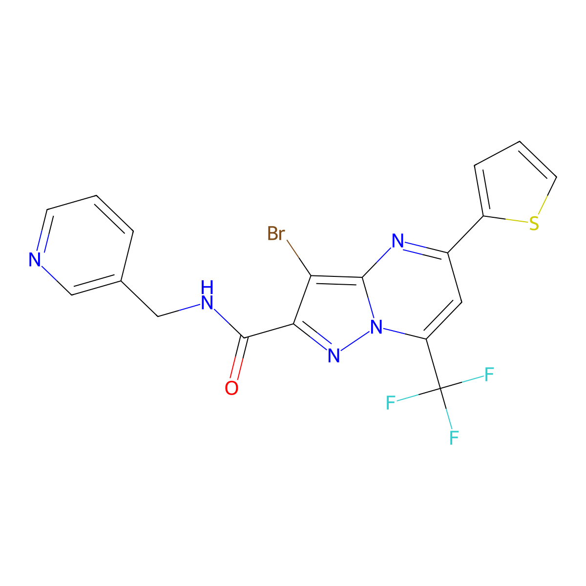 3-bromo-N-(pyridin-3-ylmethyl)-5-(thiophen-2-yl)-7-(trifluoromethyl)pyrazolo[1,5-a]pyrimidine-2-carboxamide molecular structure, CAS 313988-02-2