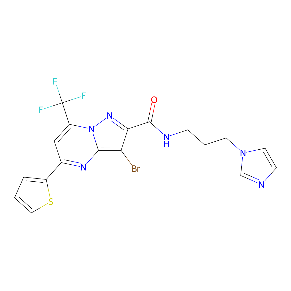 3-bromo-N-(3-imidazol-1-ylpropyl)-5-thiophen-2-yl-7-(trifluoromethyl)pyrazolo[1,5-a]pyrimidine-2-carboxamide molecular structure, CAS 313988-11-3