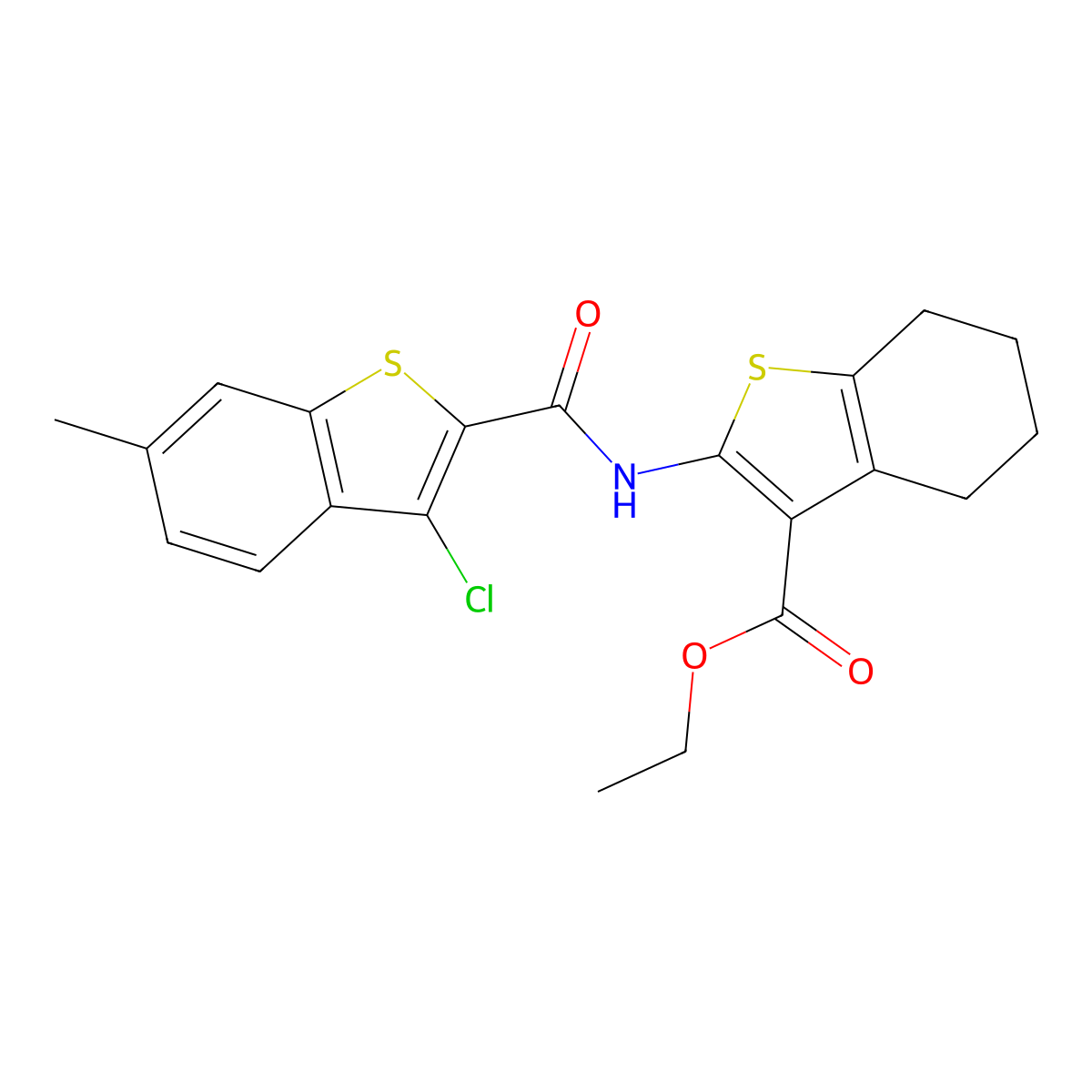 Ethyl 2-(3-chloro-6-methylbenzo[b]thiophene-2-carboxamido)-4,5,6,7-tetrahydrobenzo[b]thiophene-3-carboxylate molecular structure, CAS 314022-54-3