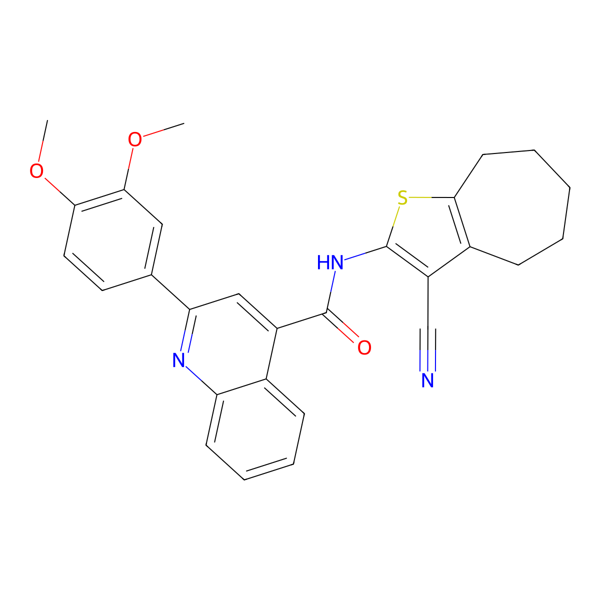 N-(3-cyano-5,6,7,8-tetrahydro-4H-cyclohepta[b]thiophen-2-yl)-2-(3,4-dimethoxyphenyl)quinoline-4-carboxamide molecular structure, CAS 314022-56-5