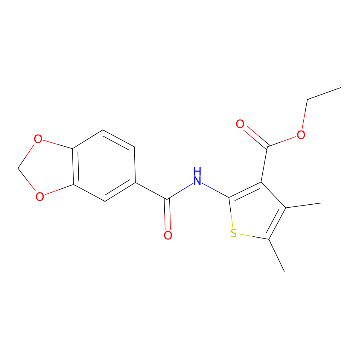 Ethyl 2-[(1,3-benzodioxol-5-ylcarbonyl)amino]-4,5-dimethyl-3-thiophenecarboxylate molecular structure, CAS 314022-92-9