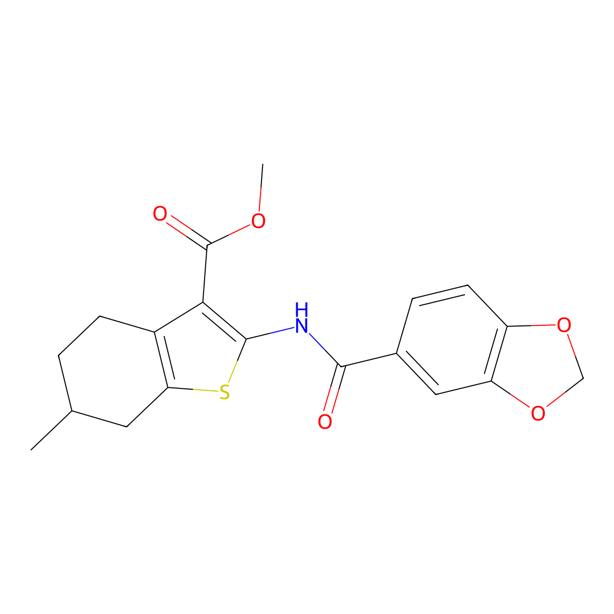 Methyl 2-[(1,3-benzodioxol-5-ylcarbonyl)amino]-6-methyl-4,5,6,7-tetrahydro-1-benzothiophene-3-carboxylate molecular structure, CAS 314023-04-6