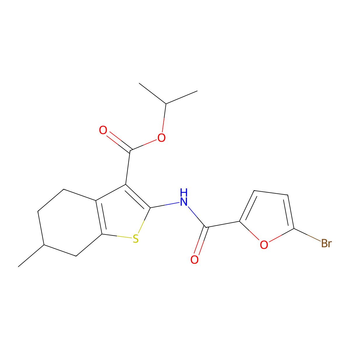 Isopropyl 2-[(5-bromo-2-furoyl)amino]-6-methyl-4,5,6,7-tetrahydro-1-benzothiophene-3-carboxylate molecular structure, CAS 314023-40-0