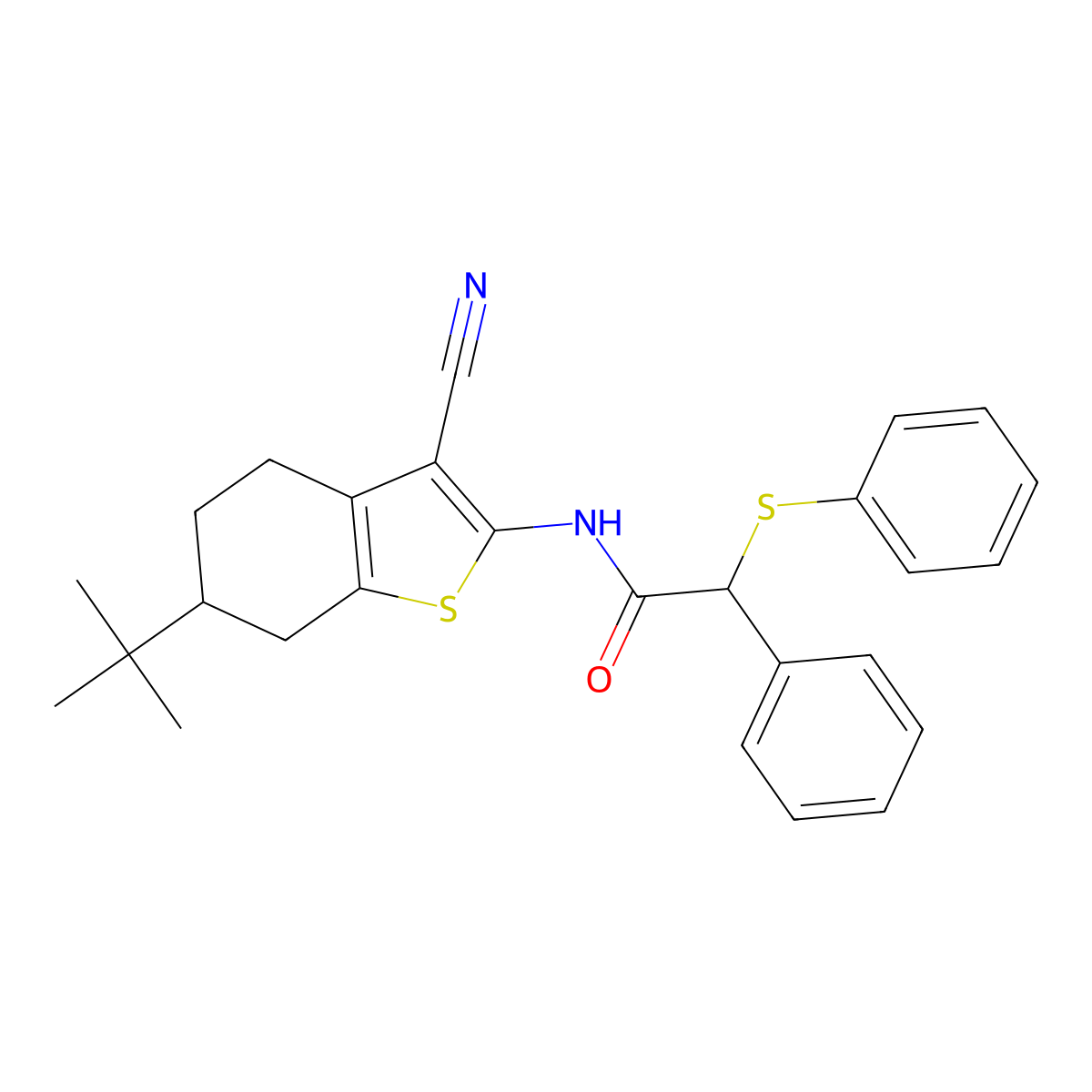 N-(6-tert-butyl-3-cyano-4,5,6,7-tetrahydro-1-benzothiophen-2-yl)-2-phenyl-2-(phenylsulfanyl)acetamide molecular structure, CAS 314023-55-7