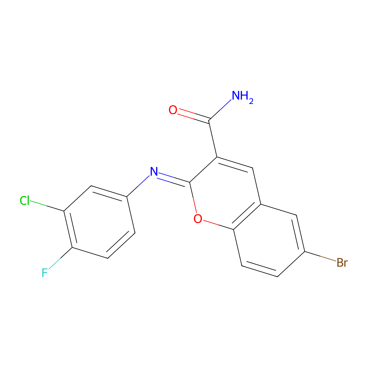 6-Bromo-2-(3-chloro-4-fluorophenyl)iminochromene-3-carboxamide molecular structure, CAS 314026-00-1