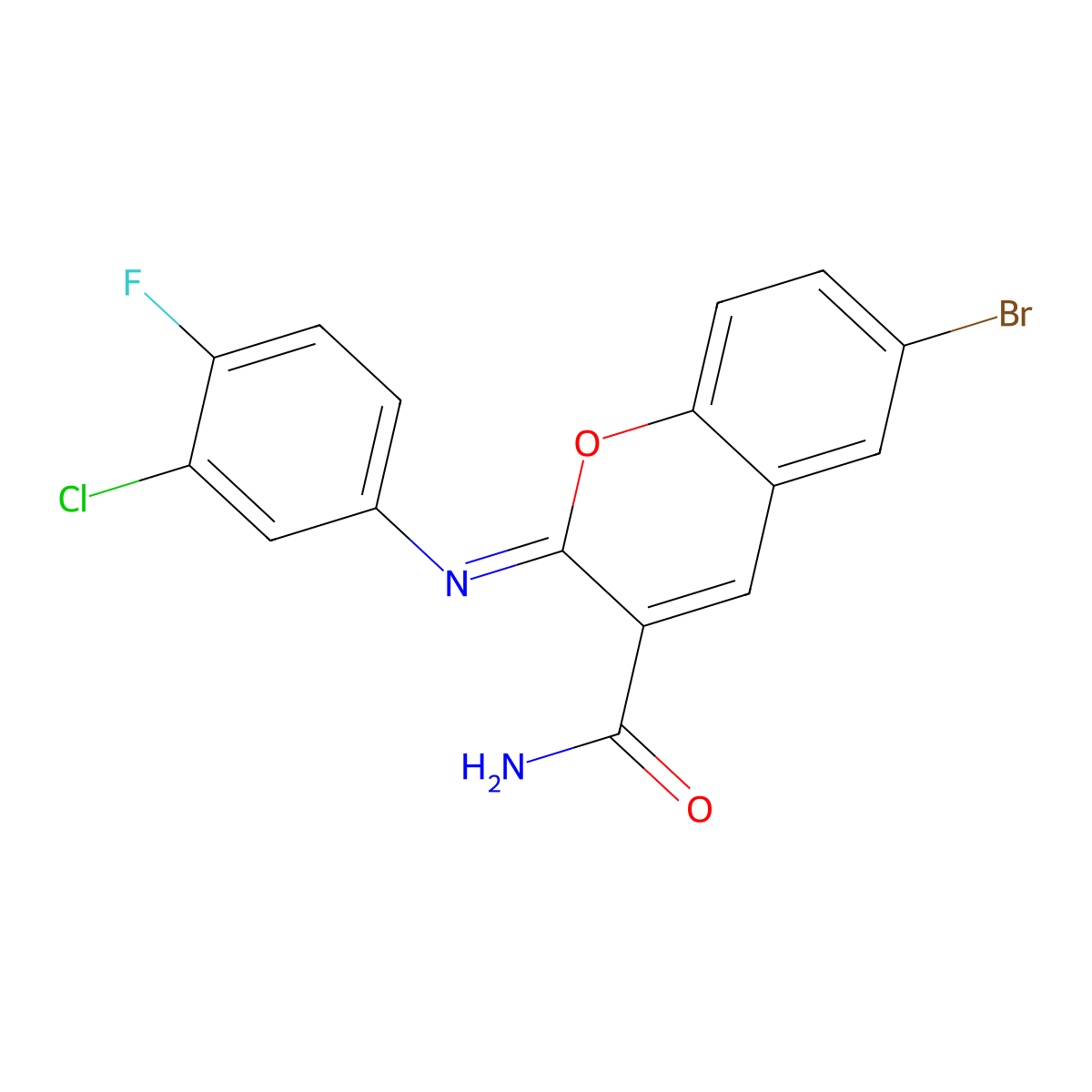6-Bromo-2-(3-chloro-4-fluorophenyl)iminochromene-3-carboxamide molecular structure, CAS 314026-00-1