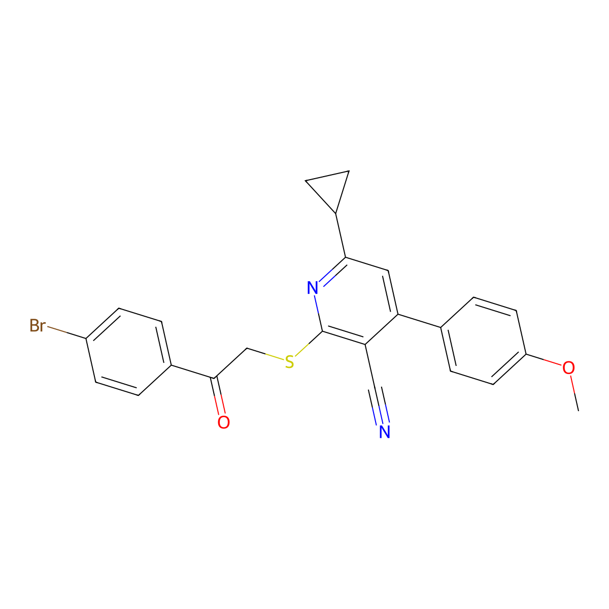 2-((2-(4-Bromophenyl)-2-oxoethyl)thio)-6-cyclopropyl-4-(4-methoxyphenyl)nicotinonitrile molecular structure, CAS 314033-99-3