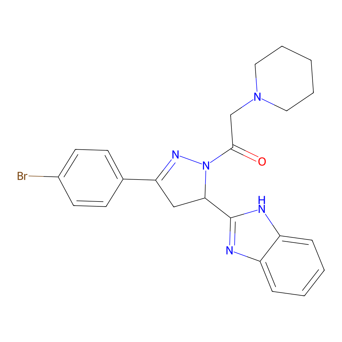 1-(5-(1H-benzo[d]imidazol-2-yl)-3-(4-bromophenyl)-4,5-dihydro-1H-pyrazol-1-yl)-2-(piperidin-1-yl)ethanone molecular structure, CAS 314034-39-4
