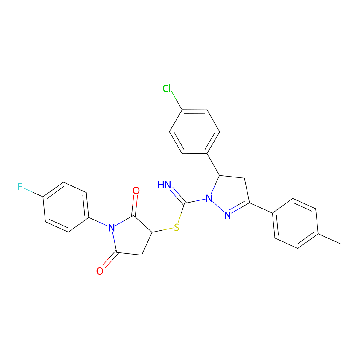 [1-(4-Fluorophenyl)-2,5-dioxopyrrolidin-3-yl] 3-(4-chlorophenyl)-5-(4-methylphenyl)-3,4-dihydropyrazole-2-carboximidothioate molecular structure, CAS 314038-44-3