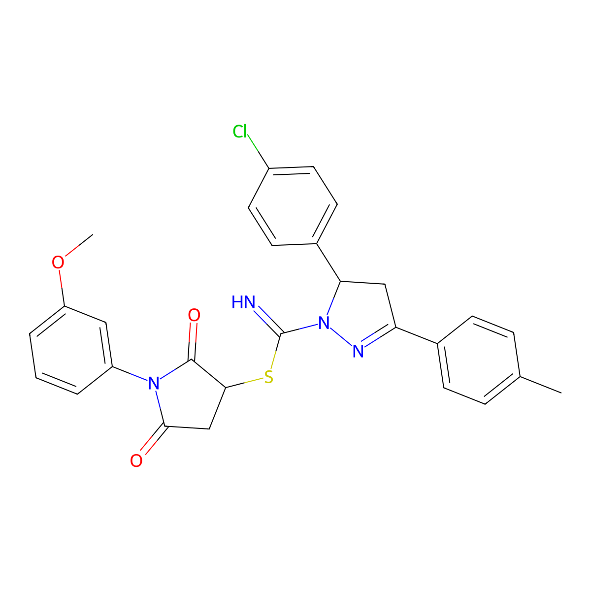 1-(3-methoxyphenyl)-2,5-dioxopyrrolidin-3-yl 5-(4-chlorophenyl)-3-(4-methylphenyl)-4,5-dihydro-1H-pyrazole-1-carbimidothioate molecular structure, CAS 314038-45-4